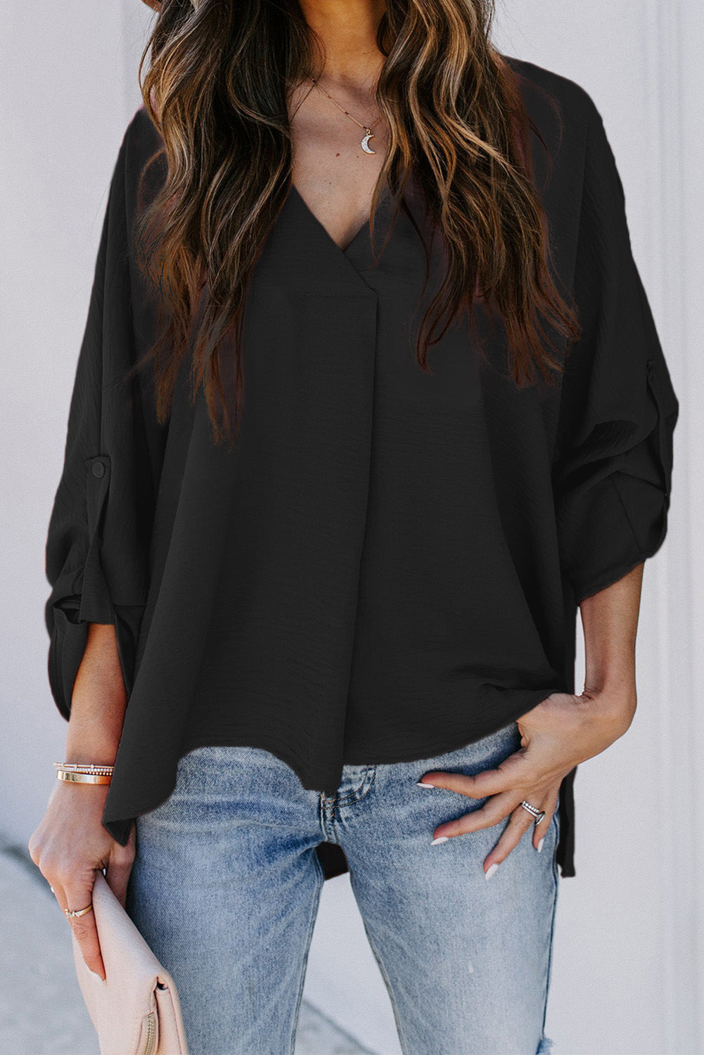 Women's Long Sleeve Blouse with V-Neck - Black