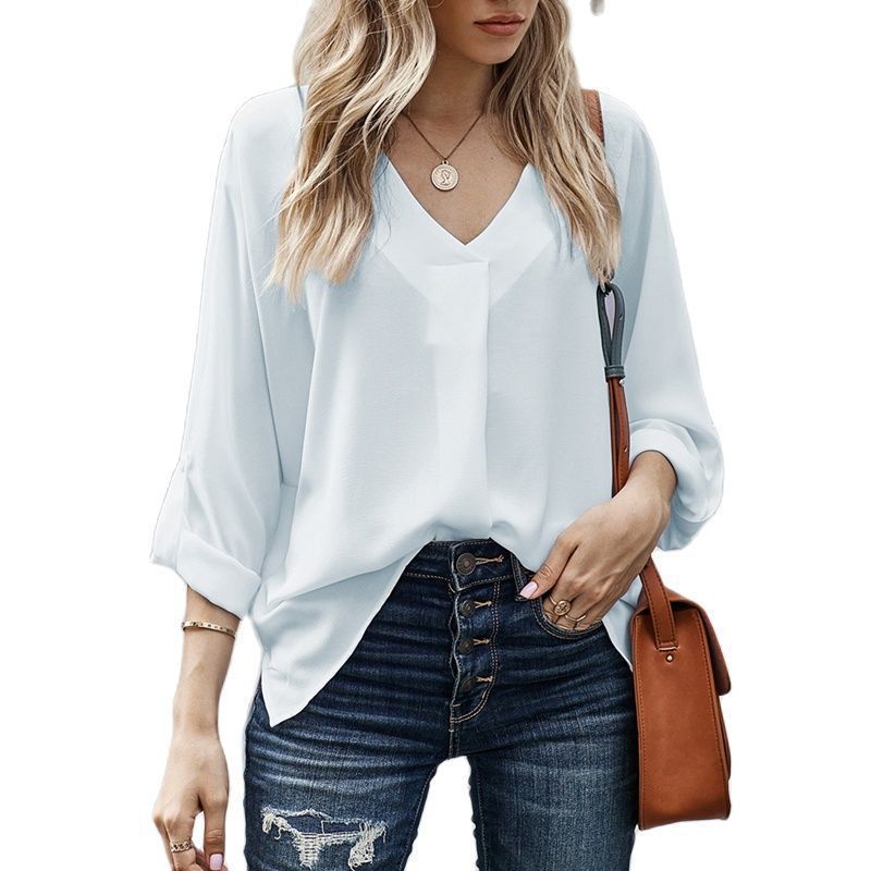 Women's Long Sleeve Blouse with V-Neck - White