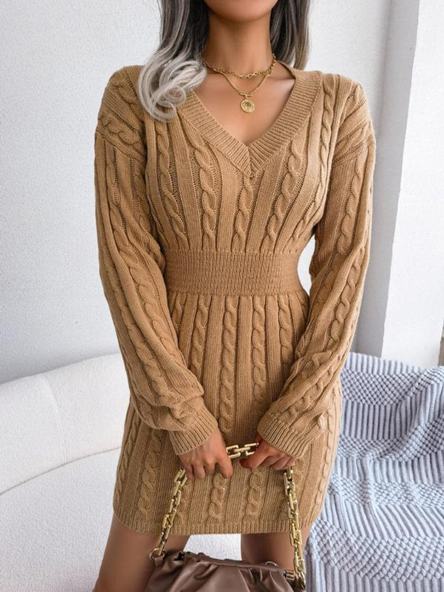 Women's Long Sleeve Knitted Dress with V-Neck - Khaki