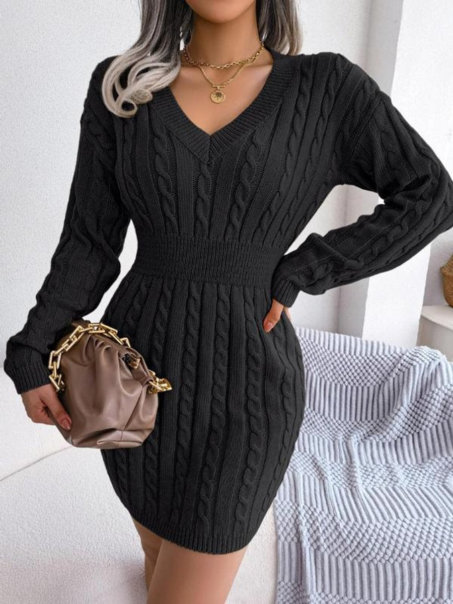 Women's Long Sleeve Knitted Dress with V-Neck - Black