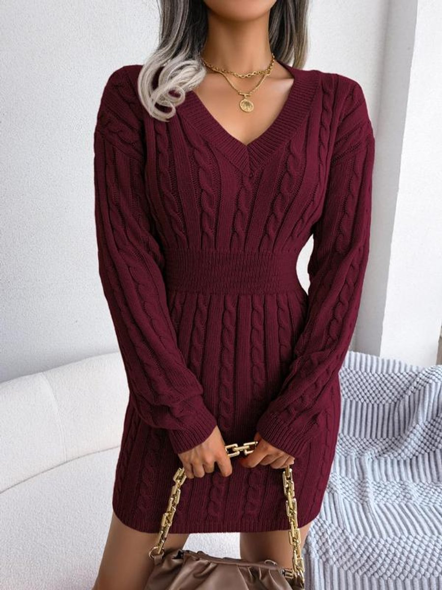Women's Long Sleeve Knitted Dress with V-Neck - Burgundy