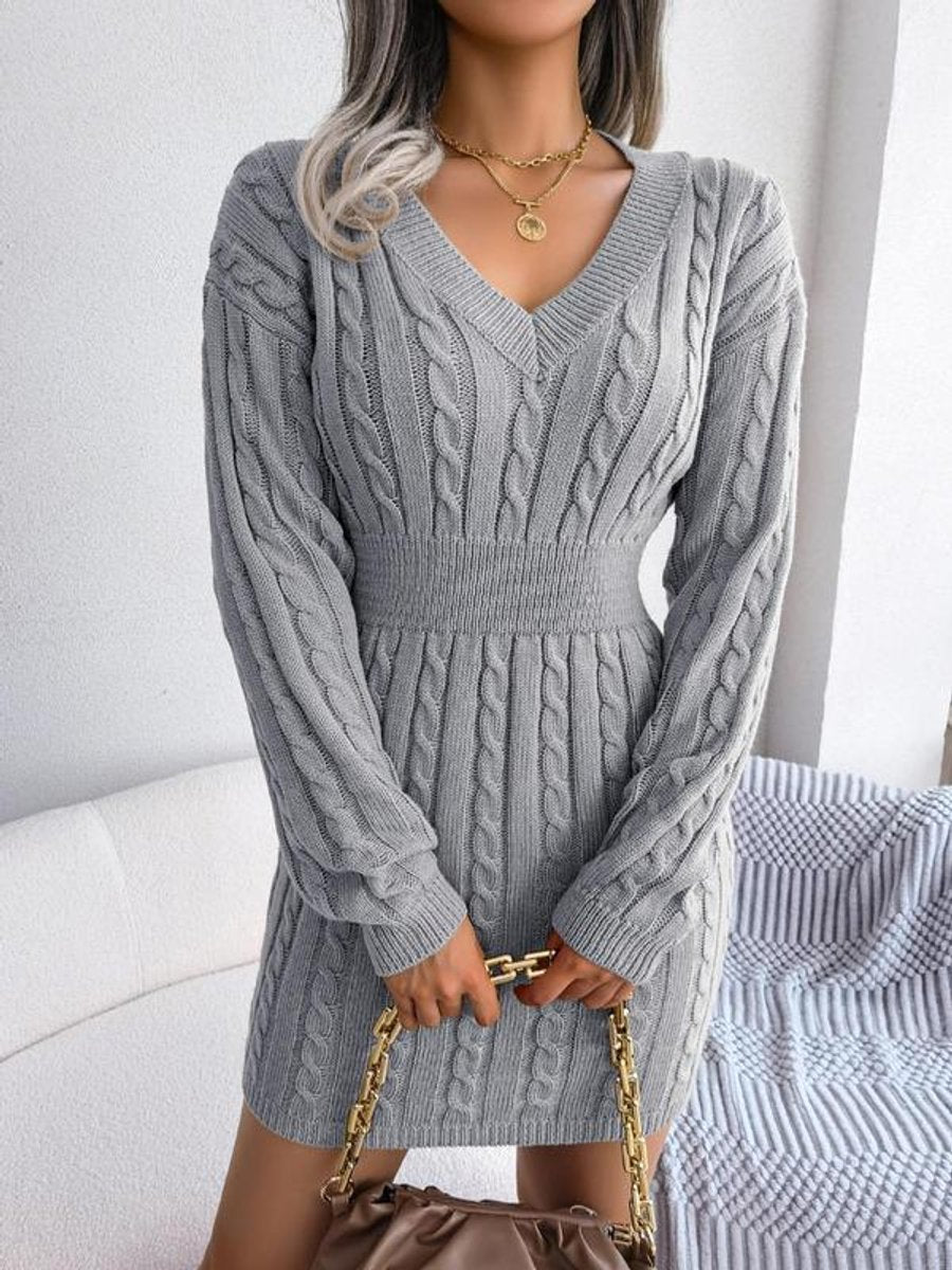 Women's Long Sleeve Knitted Dress with V-Neck - Grey