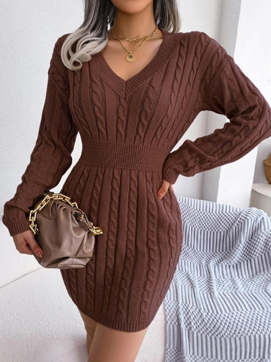 Women's Long Sleeve Knitted Dress with V-Neck - Coffee Brown