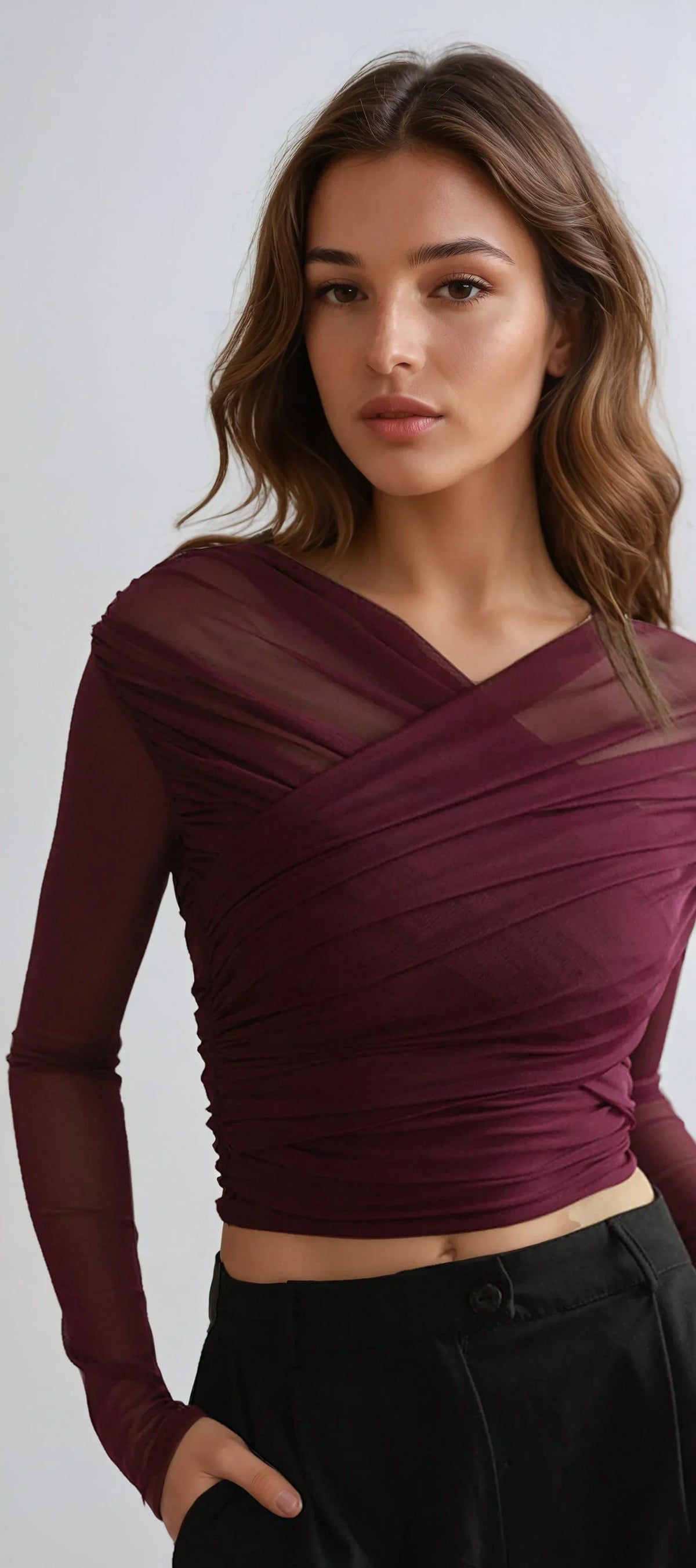 Women's Long Sleeve Wrap Top in Sheer Mesh - Wine Red