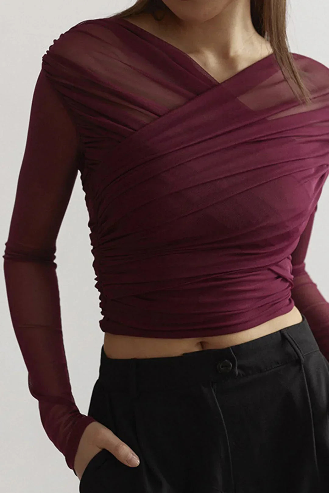 Women's Long Sleeve Wrap Top in Sheer Mesh