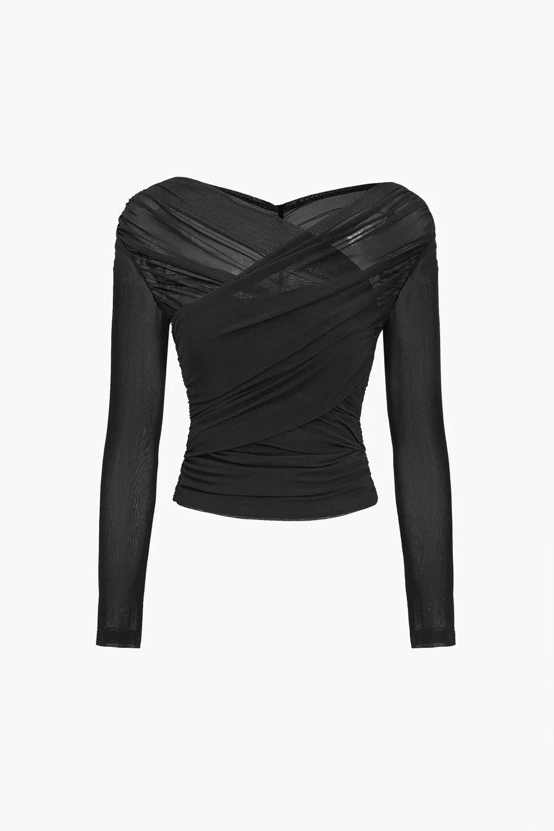 Women's Long Sleeve Wrap Top in Sheer Mesh - Black