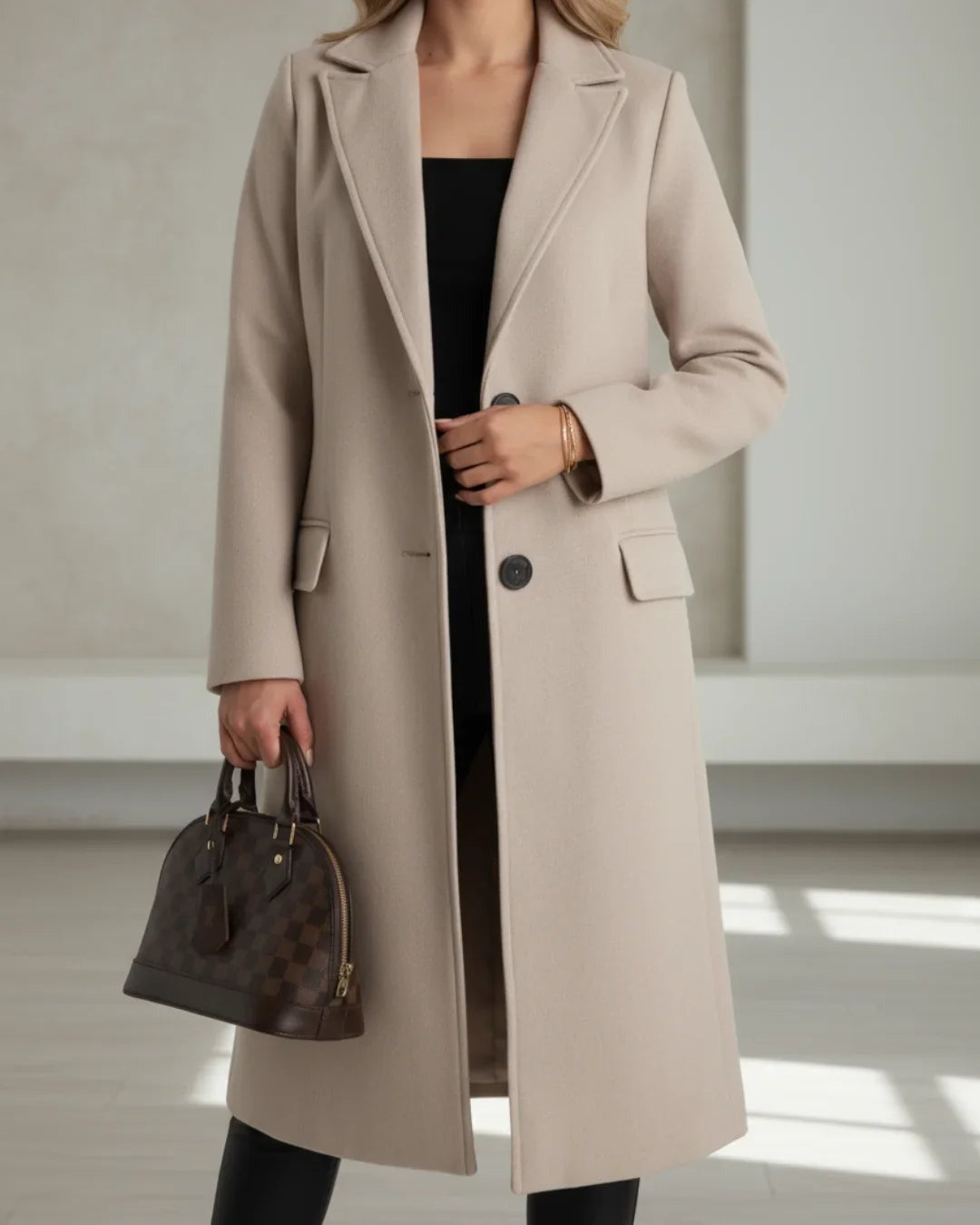Ennis - Women's Longline Wool Coat with Notched Lapels