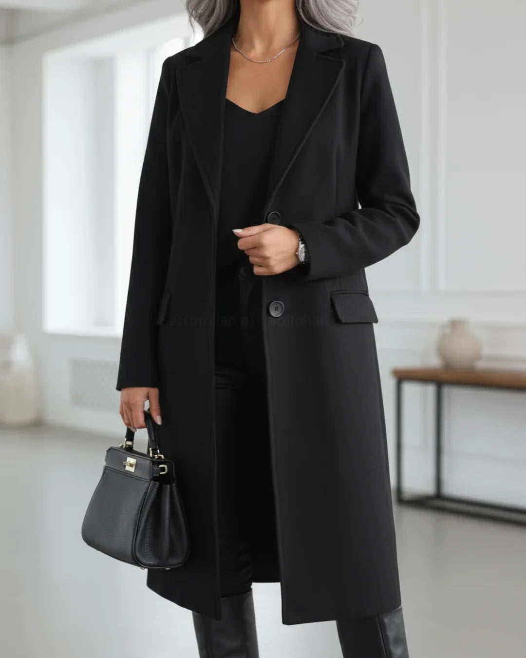 Ennis - Women's Longline Wool Coat with Notched Lapels