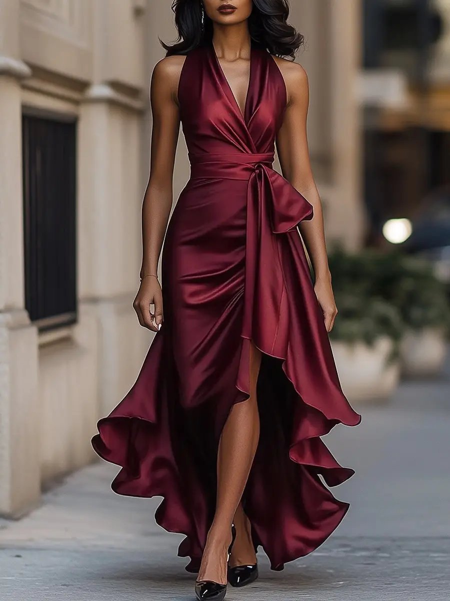 Abito da sera lungo da donna con scollo all'americana e gonna avvolgente con orlo arricciato