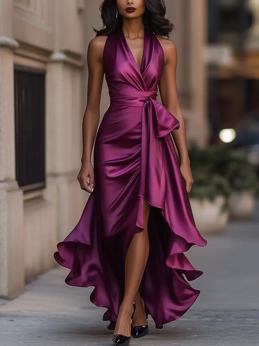 Abito da sera lungo da donna con scollo all'americana e gonna avvolgente con orlo arricciato