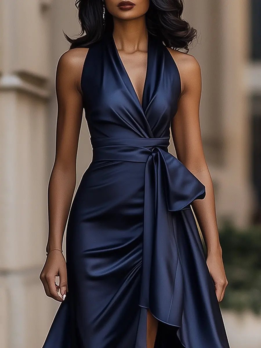 Abito da sera lungo da donna con scollo all'americana e gonna avvolgente con orlo arricciato