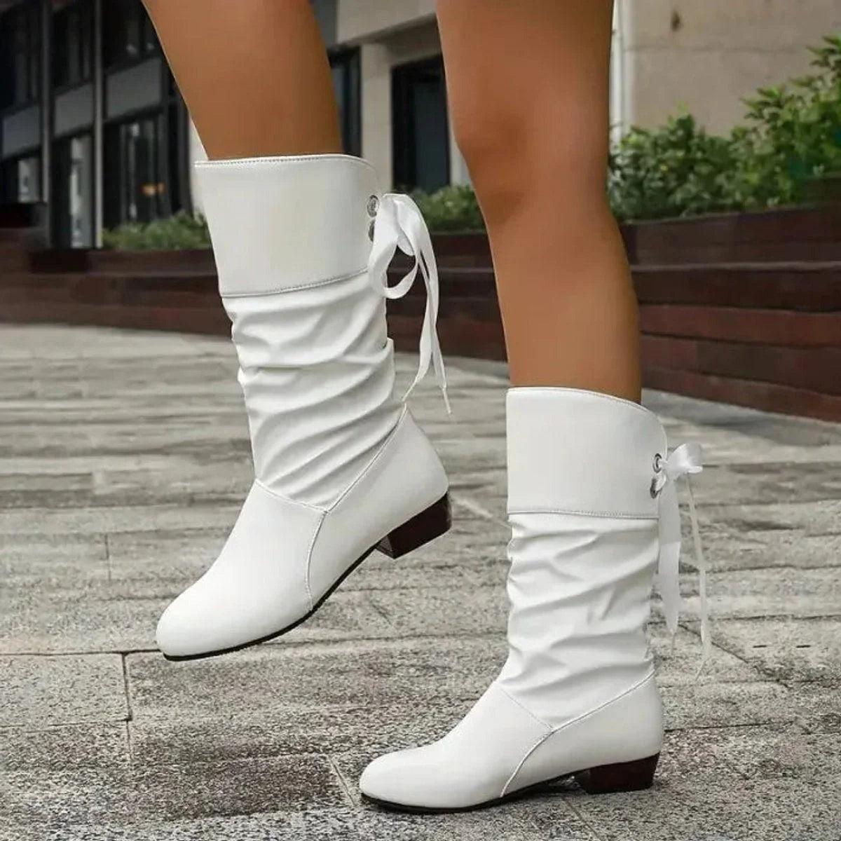 Blanka - Women's Mid-Calf Boots with Block Heel and Back Lacing