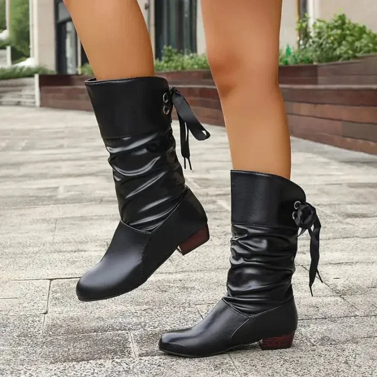 Cicely - Women's Mid-Calf Boots with Block Heel and Back Lacing