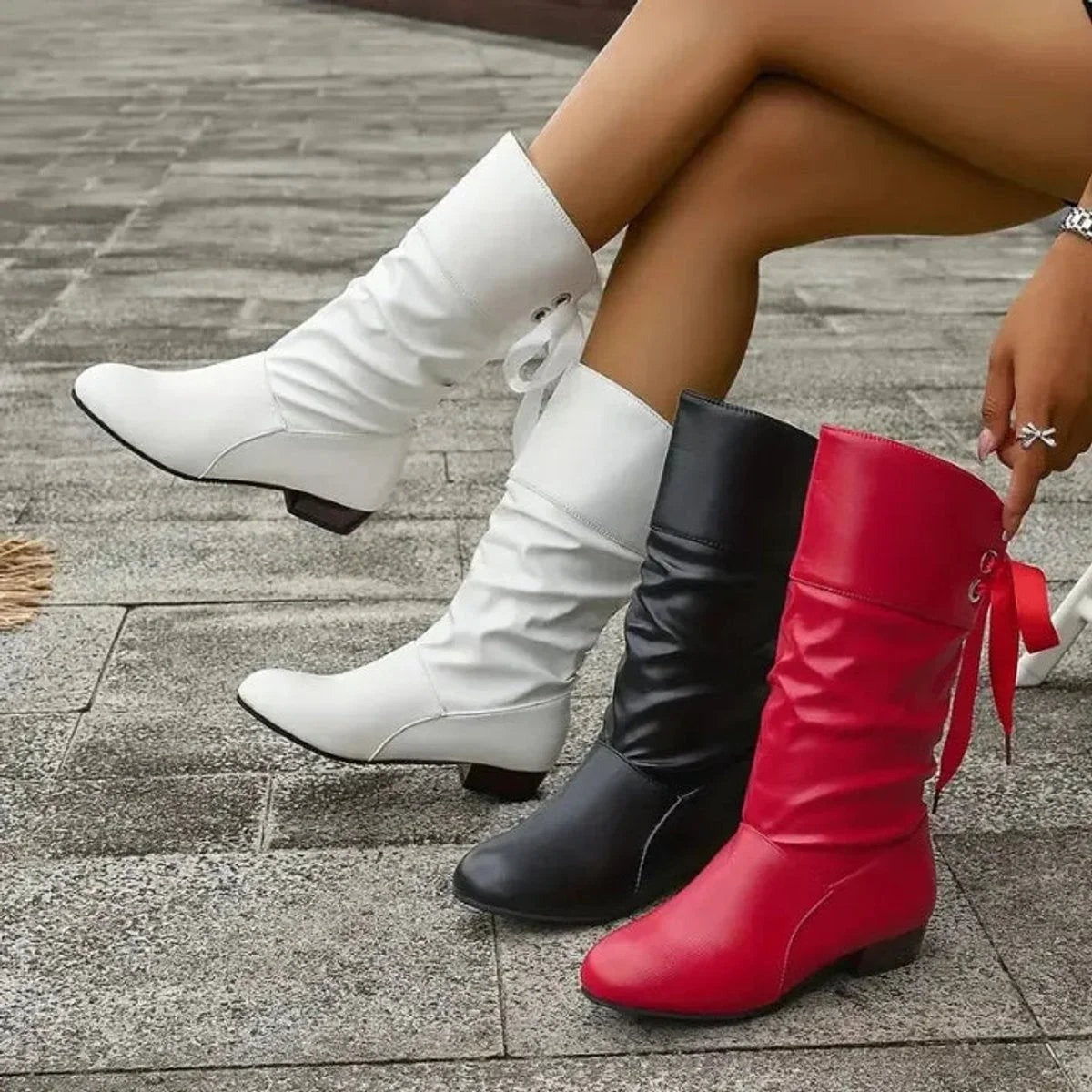 Cicely - Women's Mid-Calf Boots with Block Heel and Back Lacing