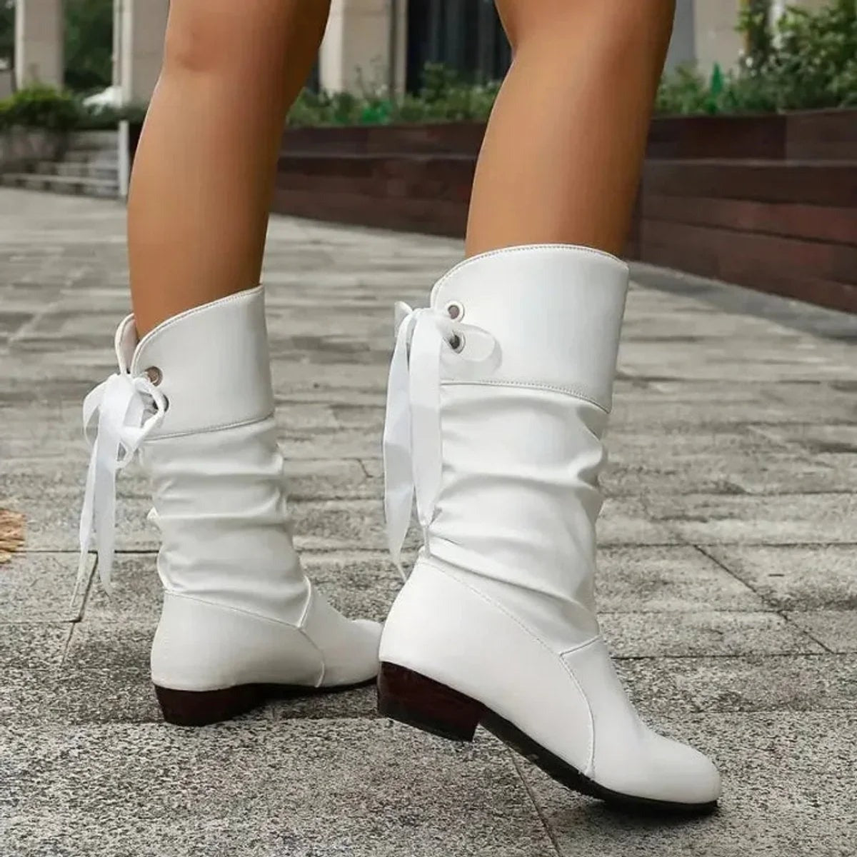 Blanka - Women's Mid-Calf Boots with Block Heel and Back Lacing