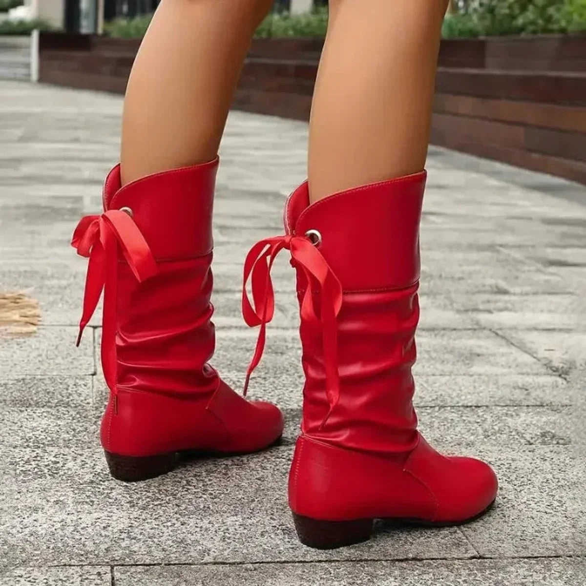 Blanka - Women's Mid-Calf Boots with Block Heel and Back Lacing