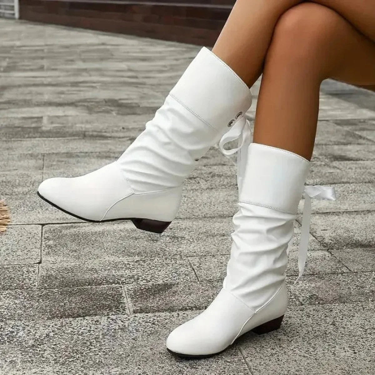 Cicely - Women's Mid-Calf Boots with Block Heel and Back Lacing