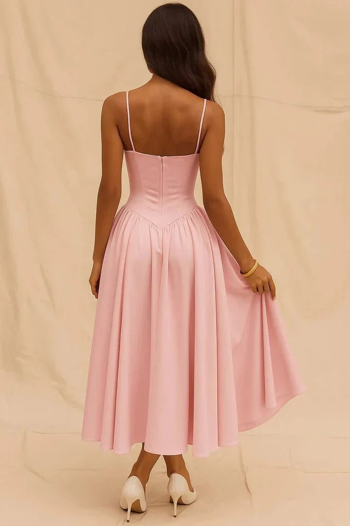Cara - Women's Pink Midi Wedding Guest Dress with Sleeves