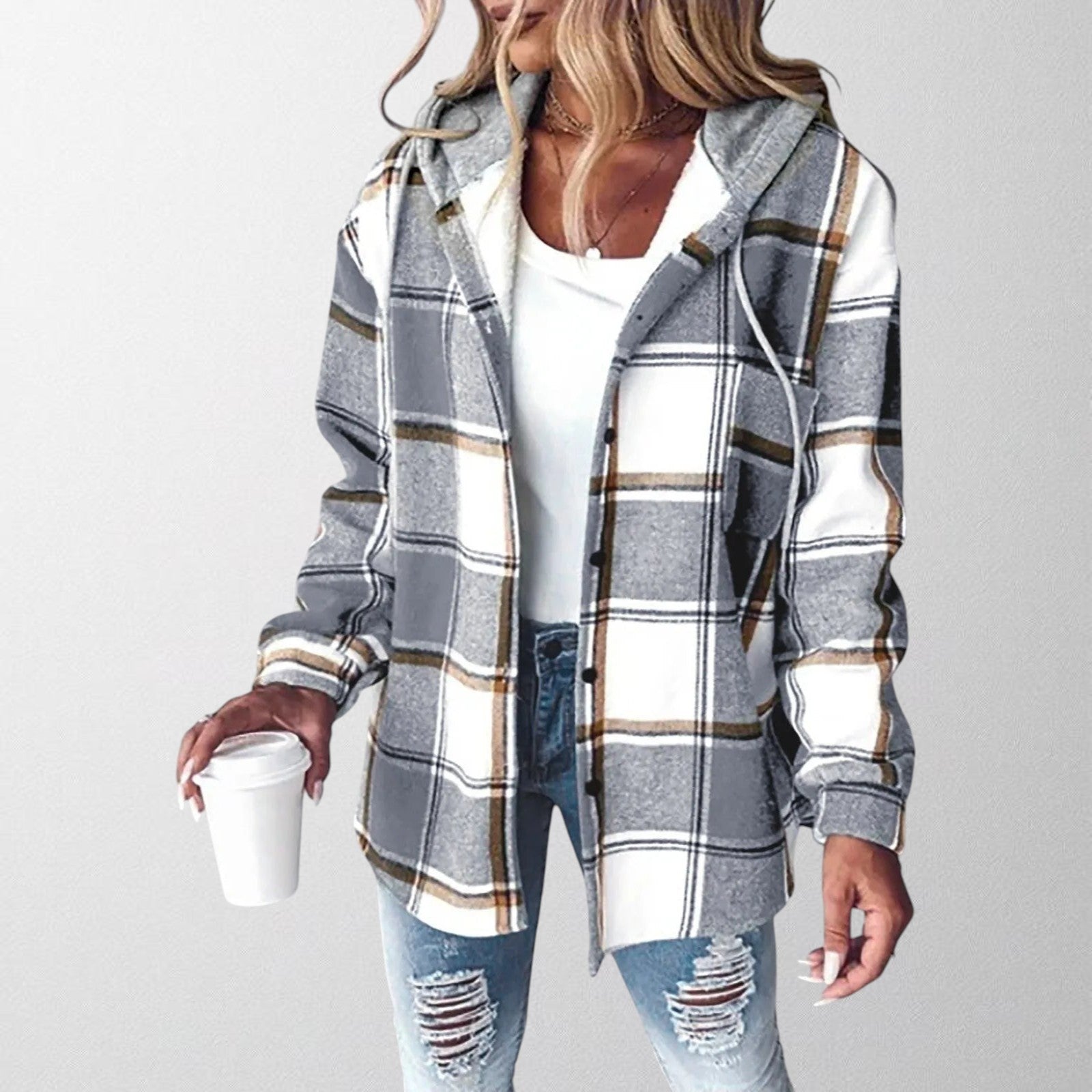 Women's Plaid Overshirt Jacket with Hood - photo 1