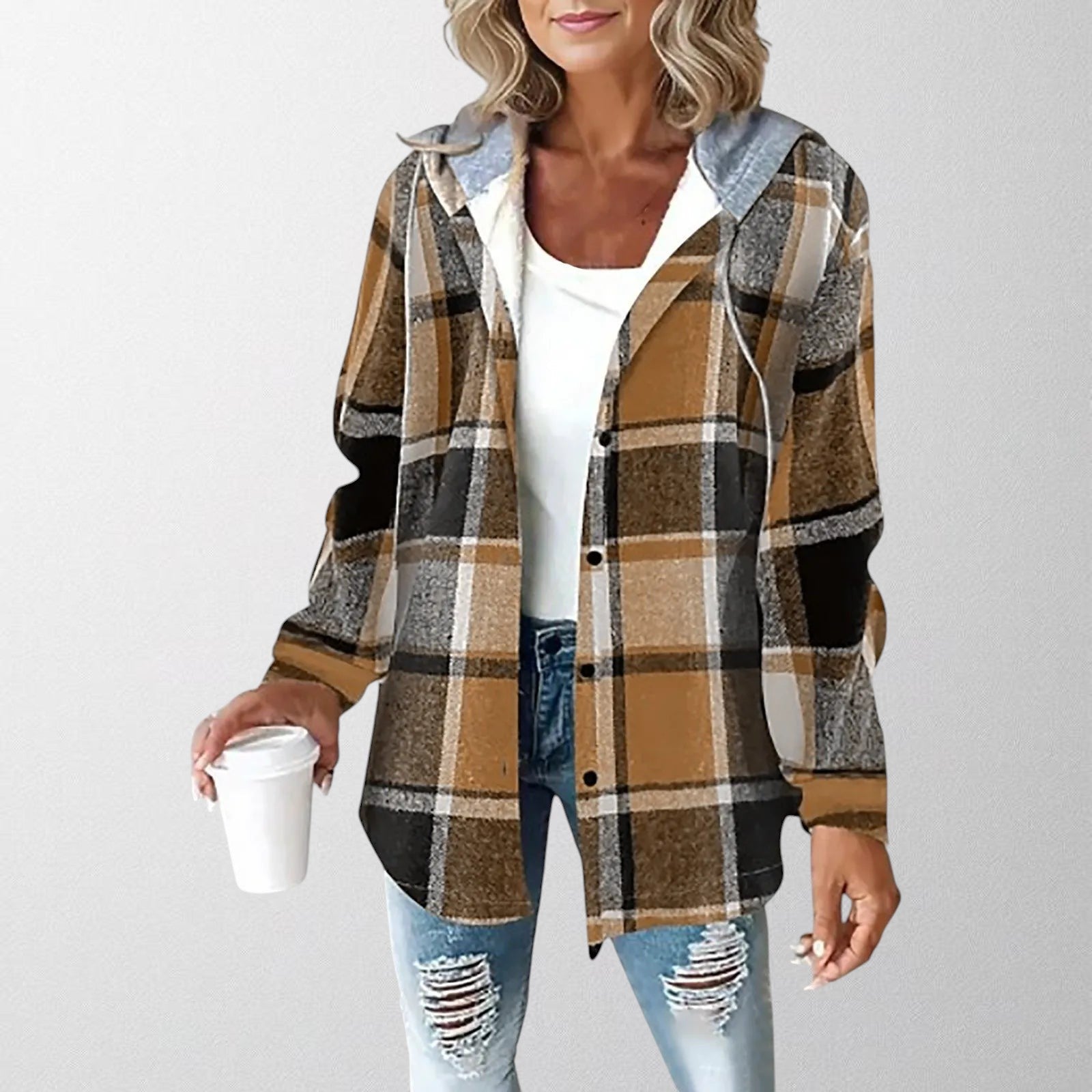 Women's Plaid Overshirt Jacket with Hood - photo 5