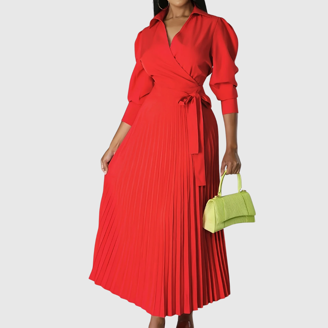 Danielle - Abito midi da donna plissettato a portafoglio con cintura da annodare