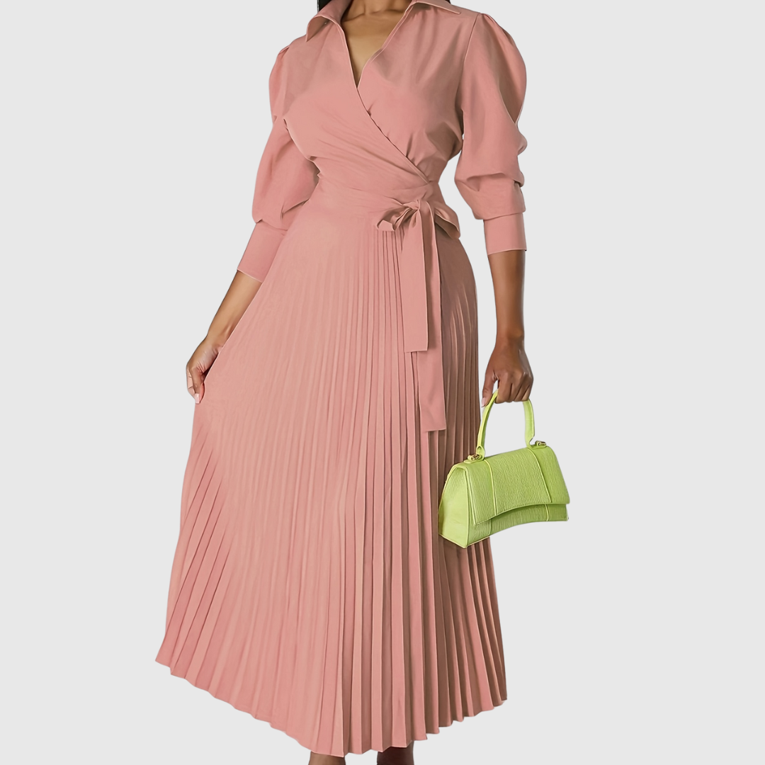 Danielle - Abito midi da donna plissettato a portafoglio con cintura da annodare