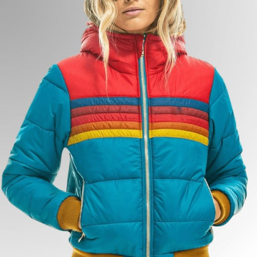 Women's Puffer Jacket with Retro Rainbow Stripes - photo 1