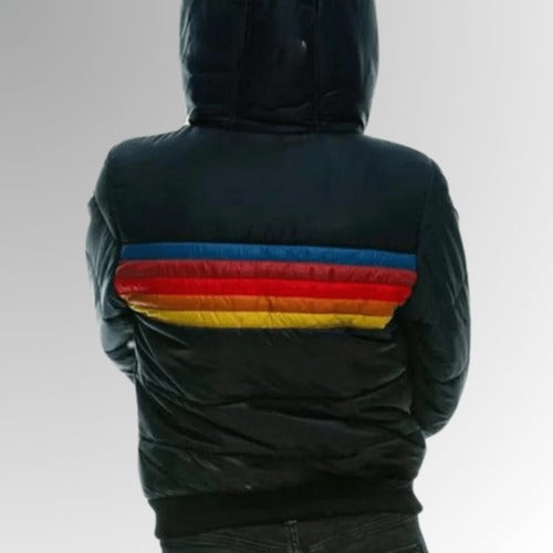 Women's Puffer Jacket with Retro Rainbow Stripes - photo 2