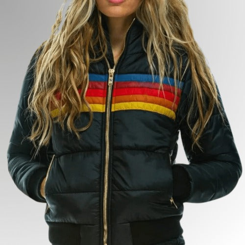Women's Puffer Jacket with Retro Rainbow Stripes - photo 3