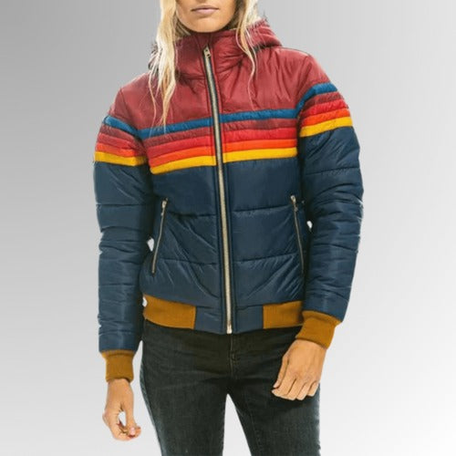 Women's Puffer Jacket with Retro Rainbow Stripes - photo 5