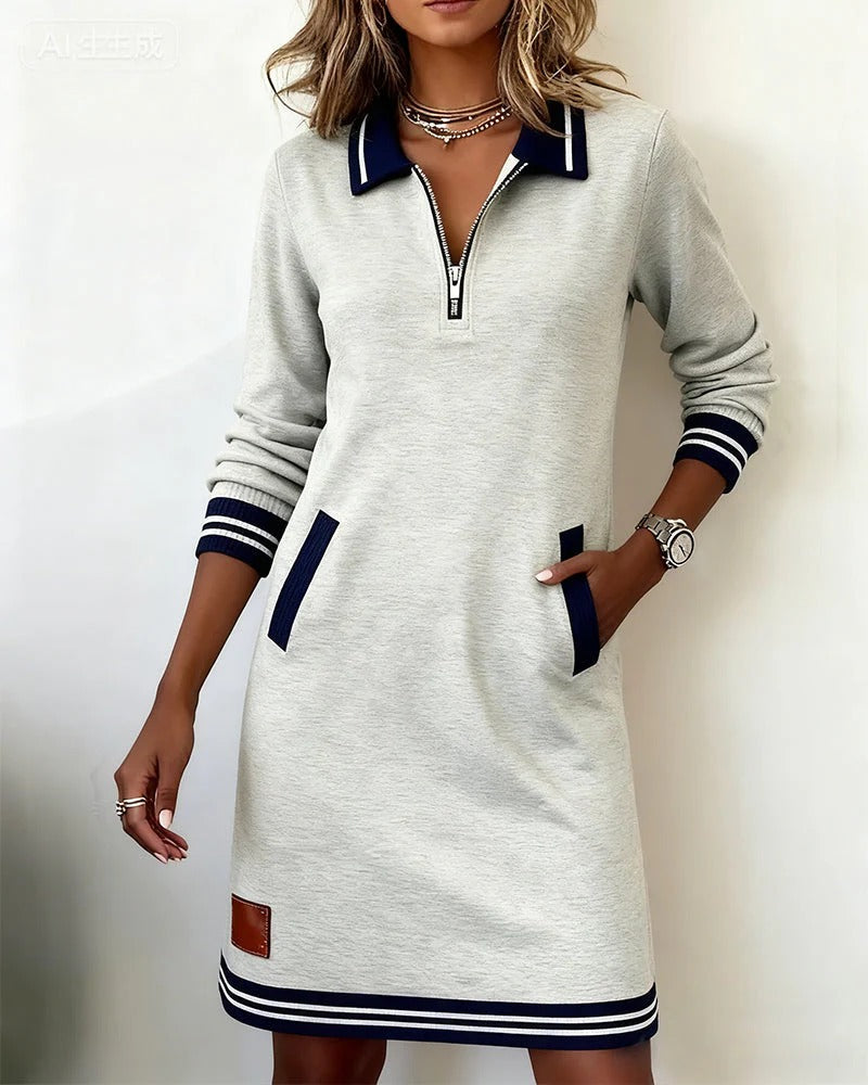 Women's Quarter Zip Midi Dress Striped Trim