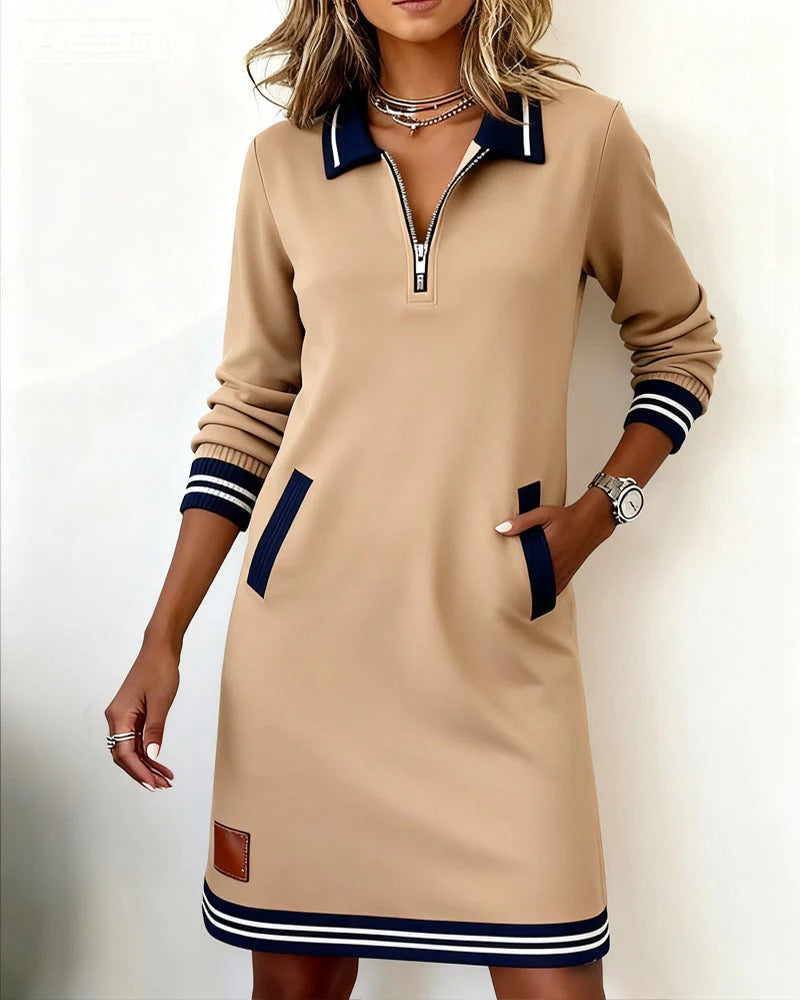 Women's Quarter Zip Midi Dress Striped Trim