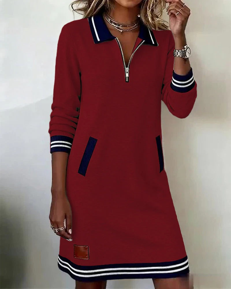 Women's Quarter Zip Midi Dress Striped Trim