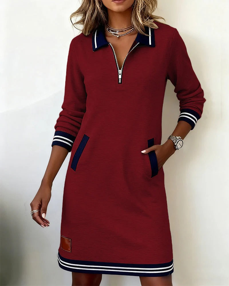 Women's Quarter Zip Midi Dress Striped Trim