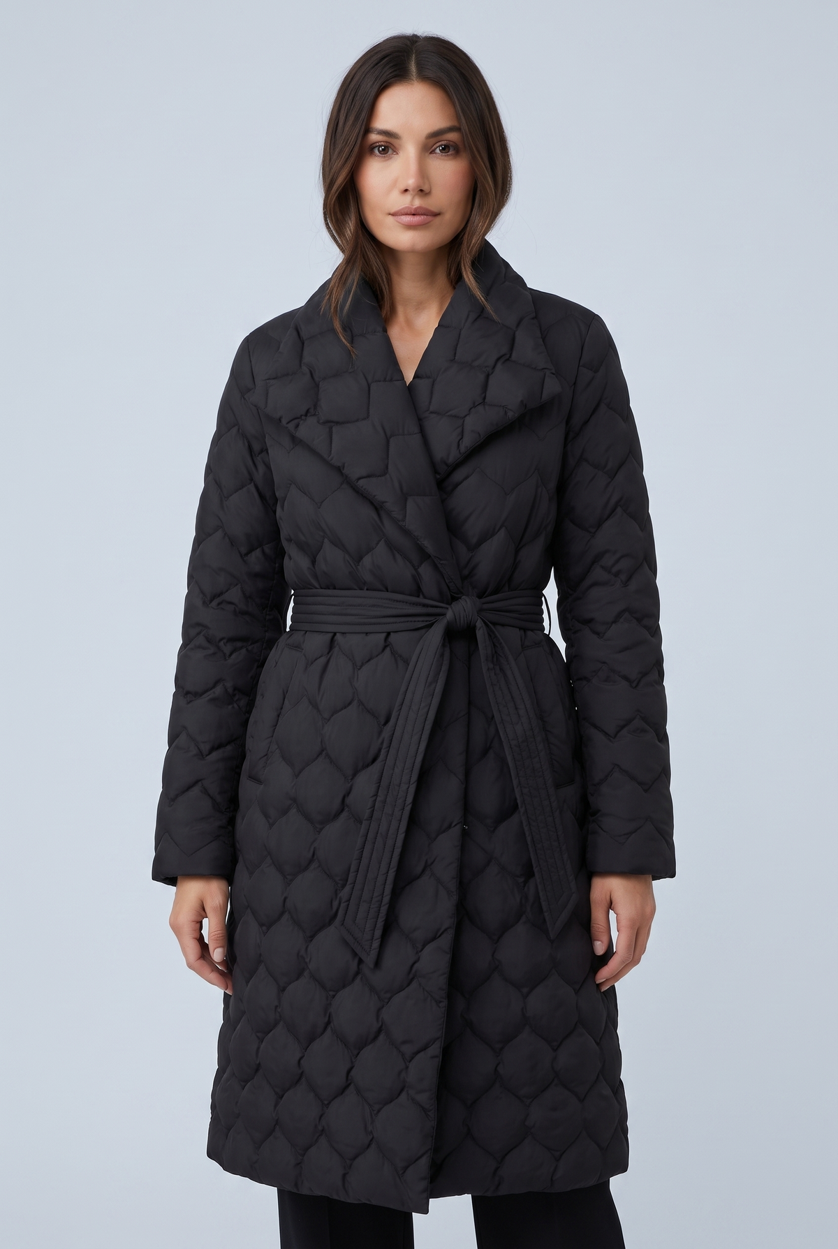 Women's Quilted Puffer Jacket with a Tie Belt