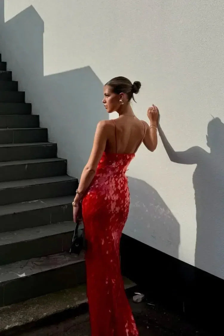 Joan - Women's Red Sequin Maxi Dress with Thin Straps