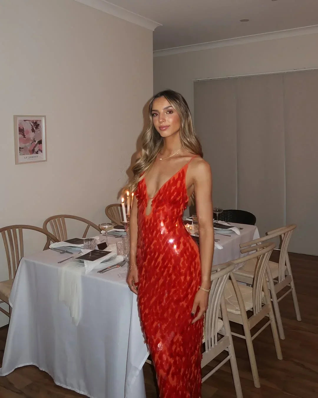 Joan - Women's Red Sequin Maxi Dress with Thin Straps