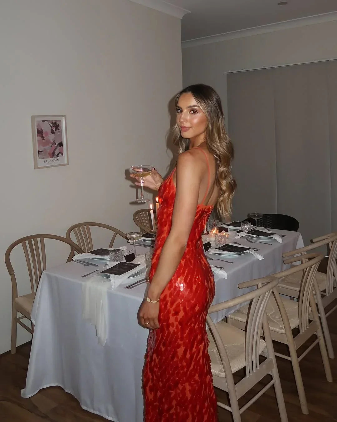 Joan - Women's Red Sequin Maxi Dress with Thin Straps