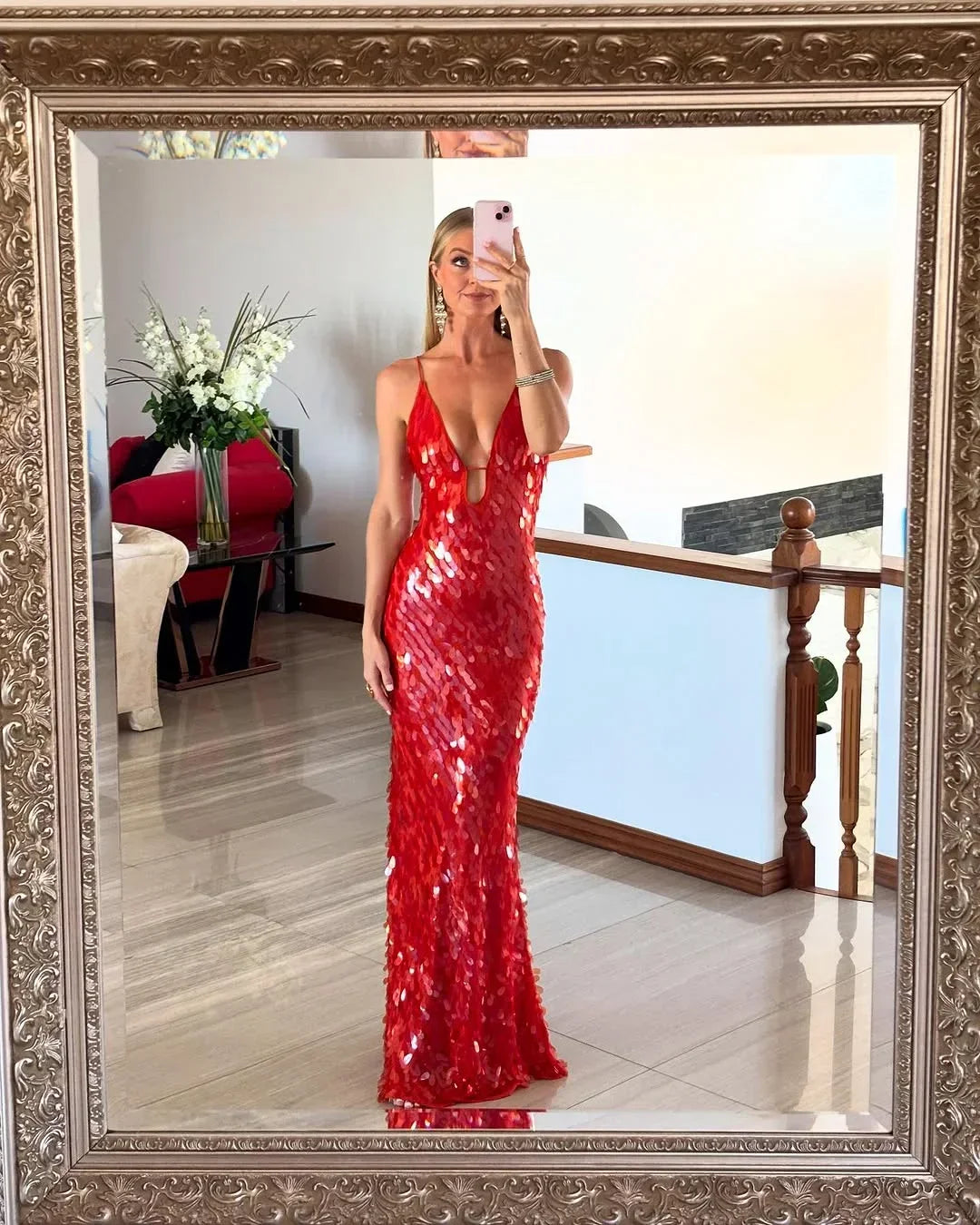 Joan - Women's Red Sequin Maxi Dress with Thin Straps