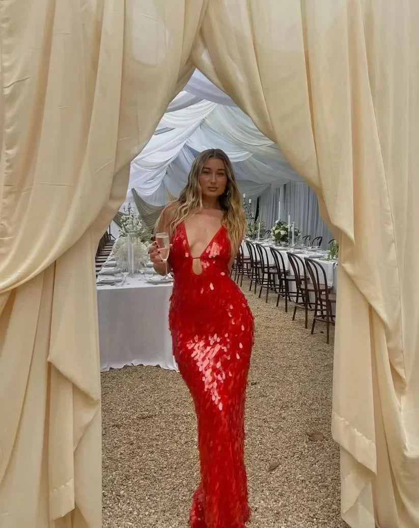 Joan - Women's Red Sequin Maxi Dress with Thin Straps