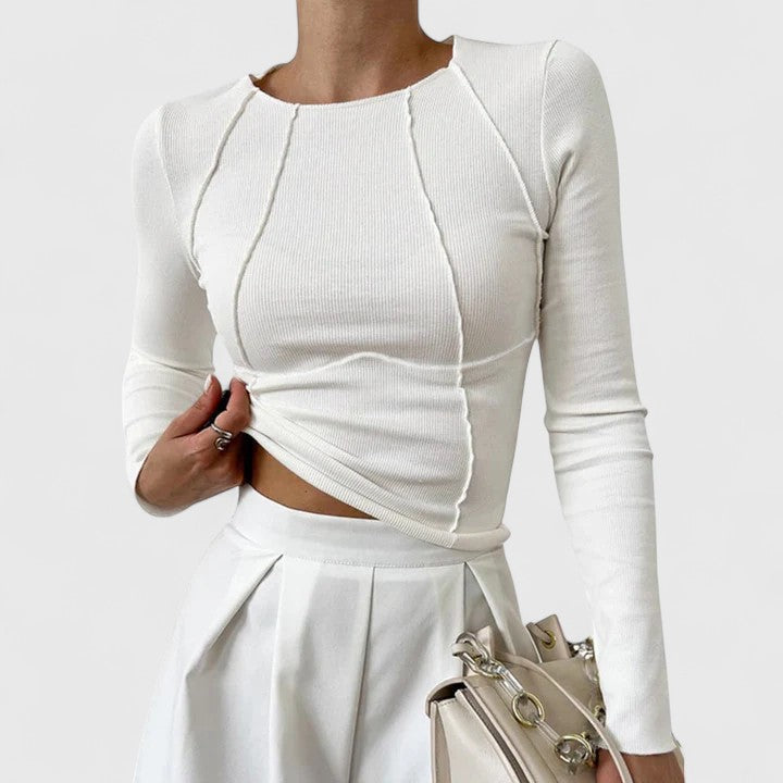 Women's Ribbed Slim Fit Crop Top with Raglan Seams - White