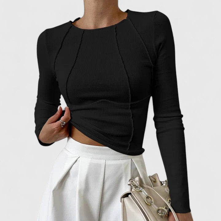 Women's Ribbed Slim Fit Crop Top with Raglan Seams - Black
