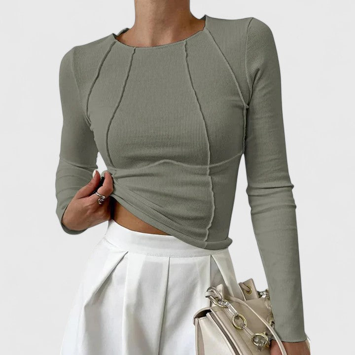 Women's Ribbed Slim Fit Crop Top with Raglan Seams - Olive Green