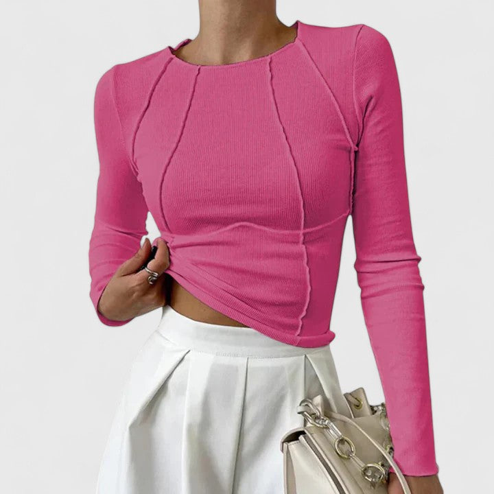 Women's Ribbed Slim Fit Crop Top with Raglan Seams - Pink