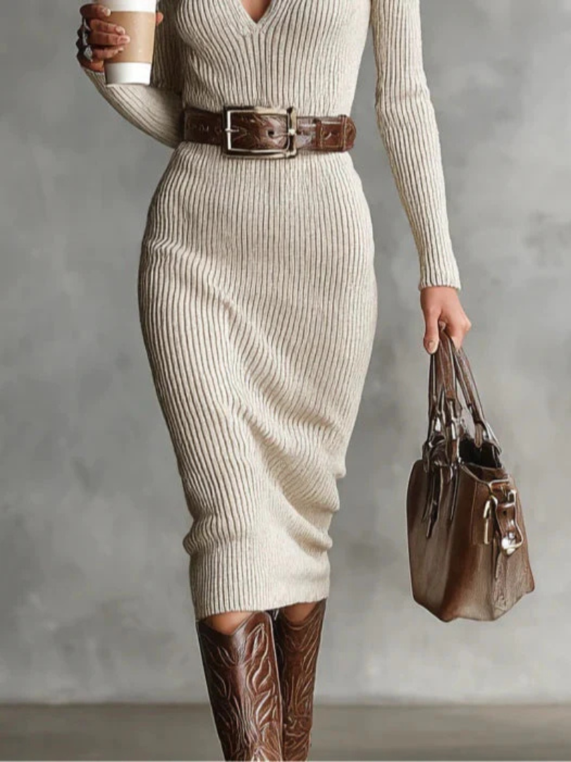 Women's Ribbed Knit Midi Dress with V-Neck
