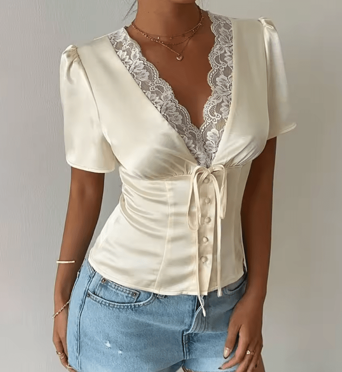 Michelle - Women's Satin Button Blouse with Lace V Neck