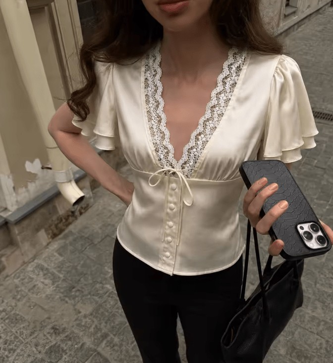 Michelle - Women's Satin Button Blouse with Lace V Neck