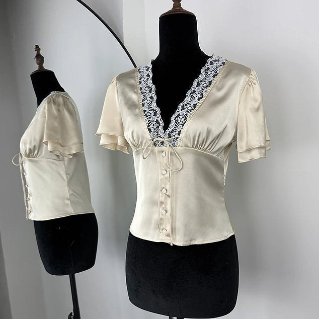 Michelle - Women's Satin Button Blouse with Lace V Neck