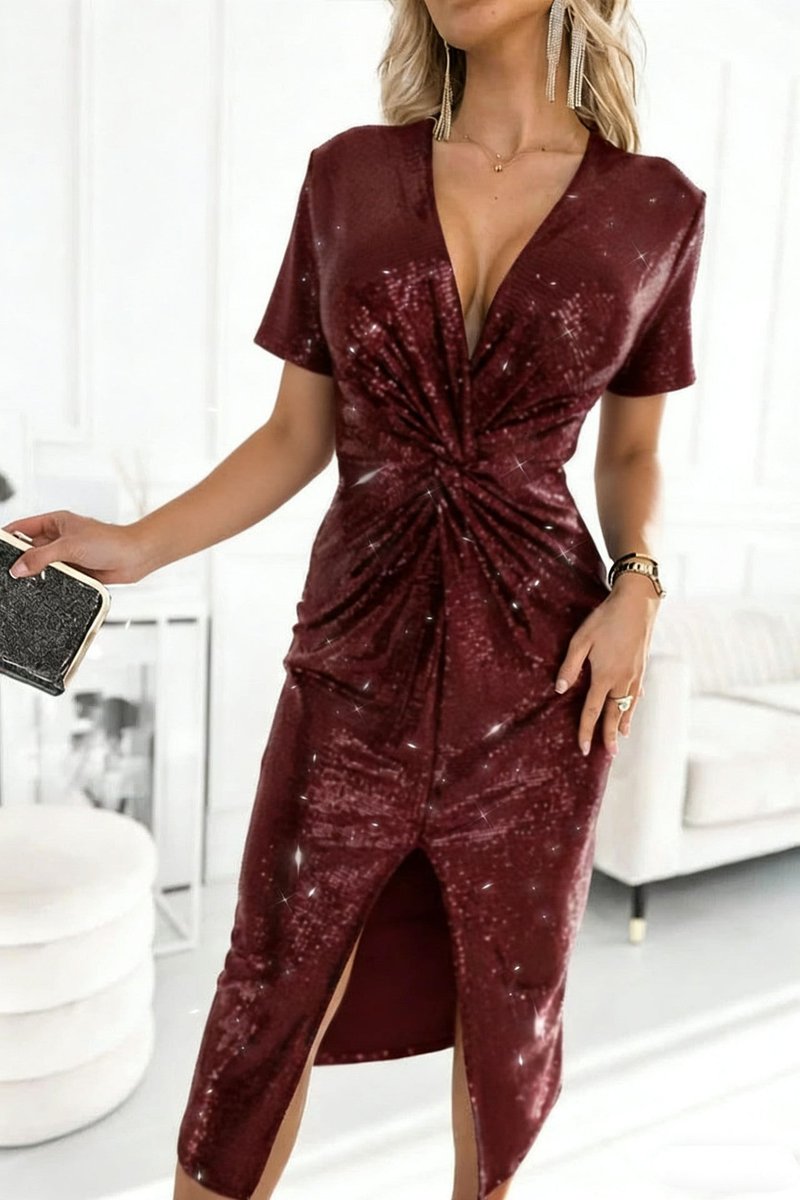Ruth - Women's Sequin Midi Dress with Twist Front