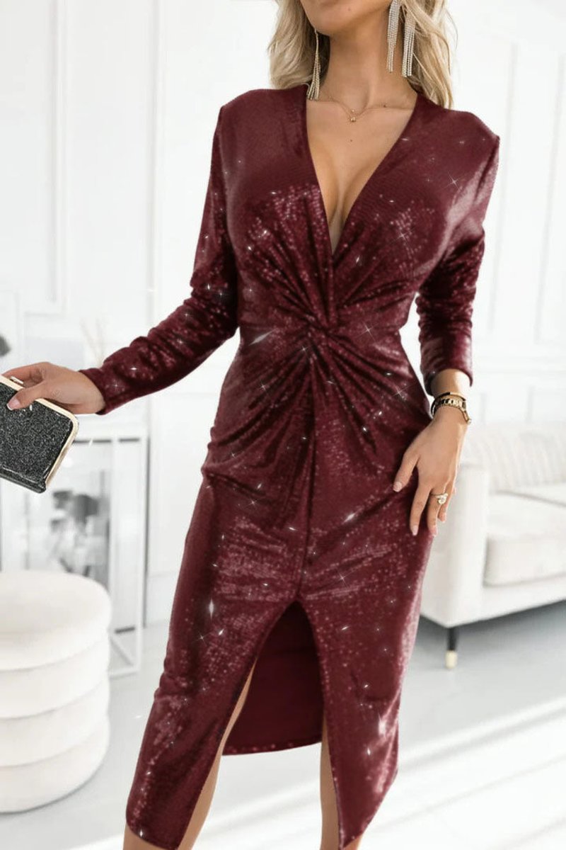 Women's Sequin Deep V-Neck Twist-Front Midi Cocktail Dress